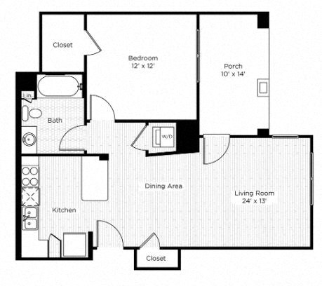 Floor plan for 1 bed, 1 bath, 718 sqft